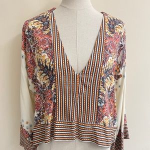 Free People Cream Floral Stripe Boho Kimono Top